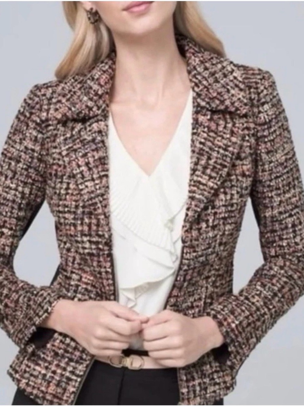 White House Black Market Pink and Black Tweed Zip-Front Jacket